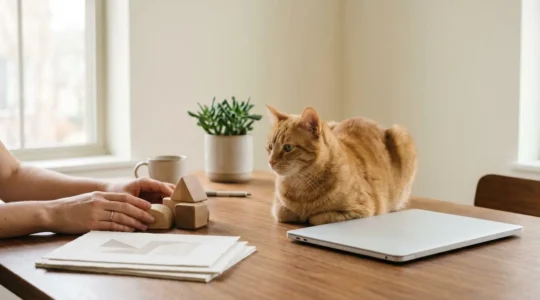 Propriétaire serein organisant le budget de santé de son chat sur l'année