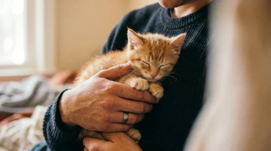 Propriétaire protégeant son chat nouvellement adopté pendant la période de carence