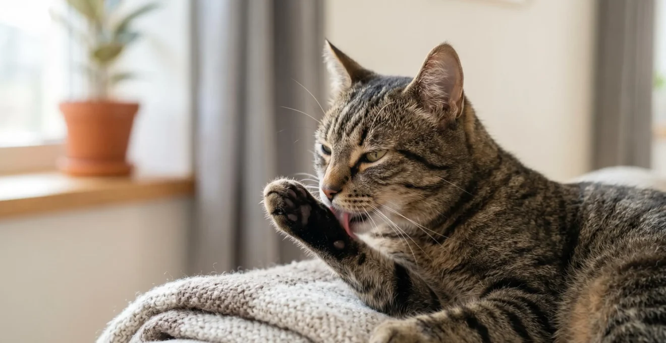 Chat tigré se grattant doucement, expression de soulagement, dans un environnement apaisant