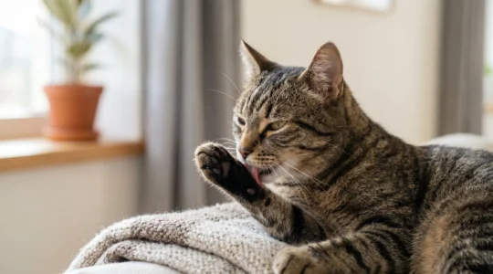 Chat tigré se grattant doucement, expression de soulagement, dans un environnement apaisant
