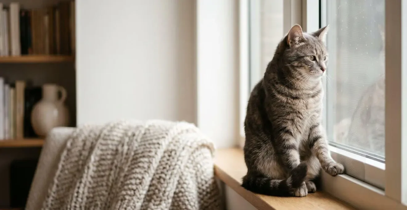 Chat domestique assis en toute sécurité près d'une fenêtre d'appartement protégée