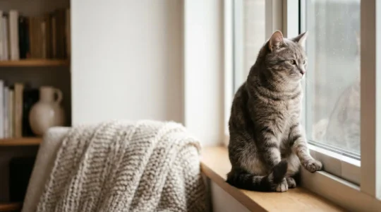 Chat domestique assis en toute sécurité près d'une fenêtre d'appartement protégée