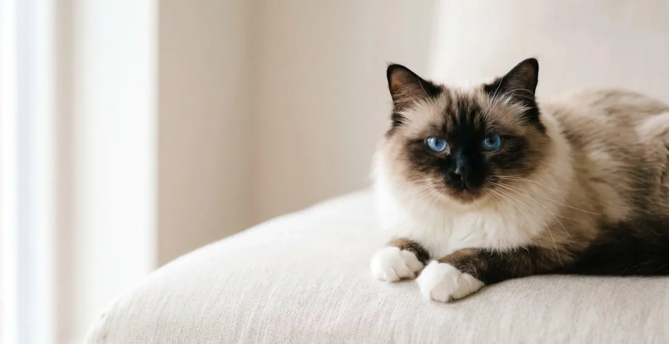 Chat Sacré de Birmanie au pelage soyeux colourpoint seal avec ses gants blancs immaculés et yeux bleus saphir