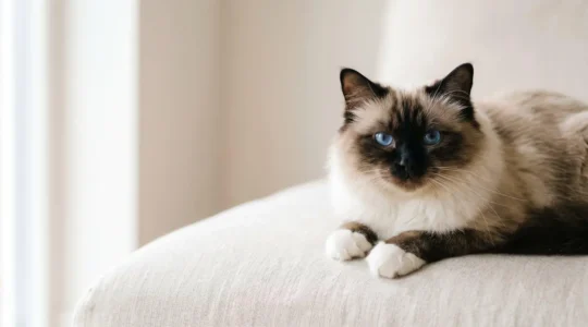 Chat Sacré de Birmanie au pelage soyeux colourpoint seal avec ses gants blancs immaculés et yeux bleus saphir