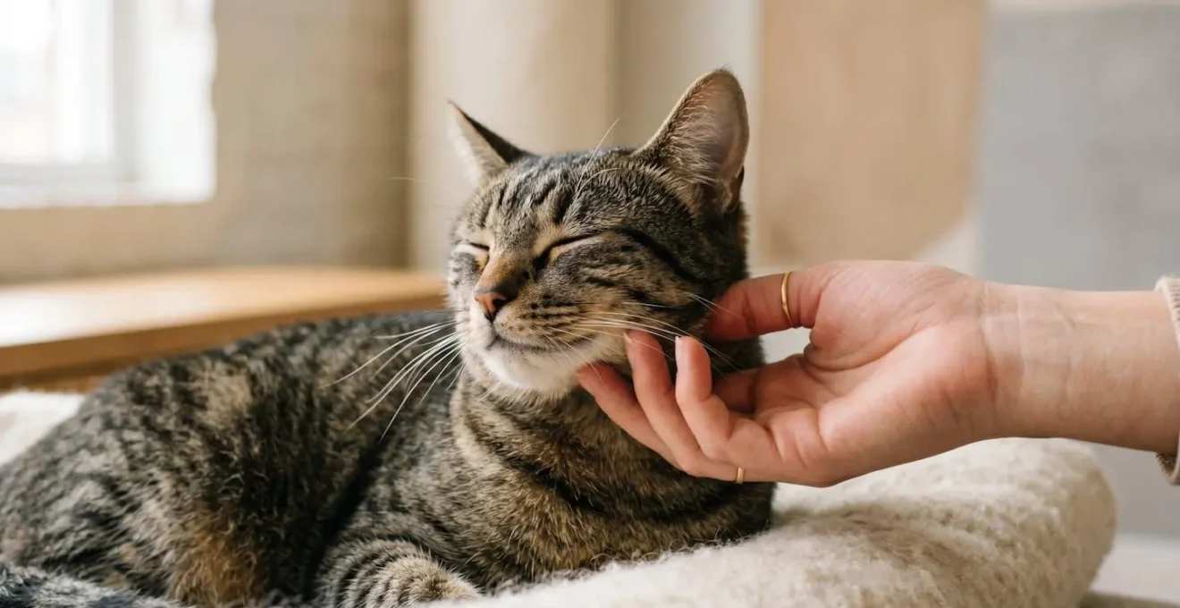 Chat tigré examiné doucement par une main humaine lors d'un contrôle de santé préventif dans une ambiance calme