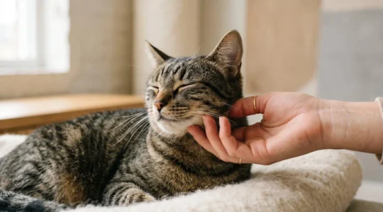 Chat tigré examiné doucement par une main humaine lors d'un contrôle de santé préventif dans une ambiance calme