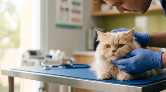Chat recevant des soins vétérinaires lors d'une consultation pré-opératoire avec équipement médical moderne