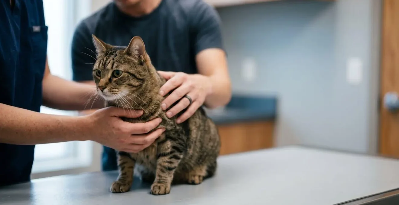 Chat en consultation vétérinaire pour soins préventifs avec propriétaire attentif