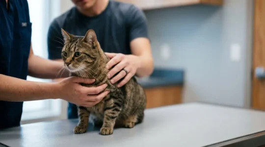 Chat en consultation vétérinaire pour soins préventifs avec propriétaire attentif
