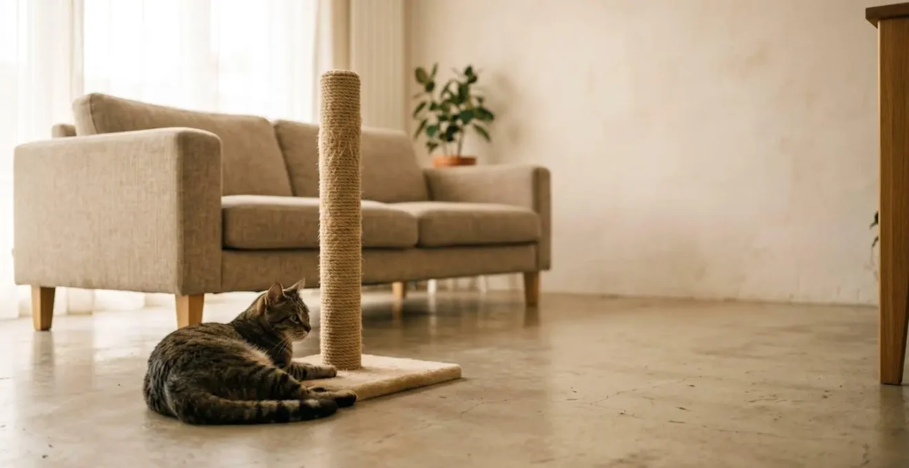 Chat européen au repos à côté d'un griffoir en sisal dans un salon moderne et lumineux avec canapé en tissu protégé