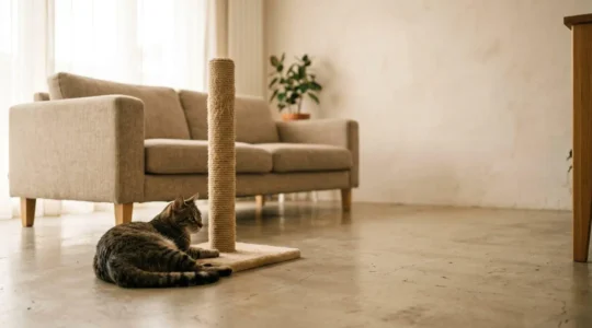 Chat européen au repos à côté d'un griffoir en sisal dans un salon moderne et lumineux avec canapé en tissu protégé