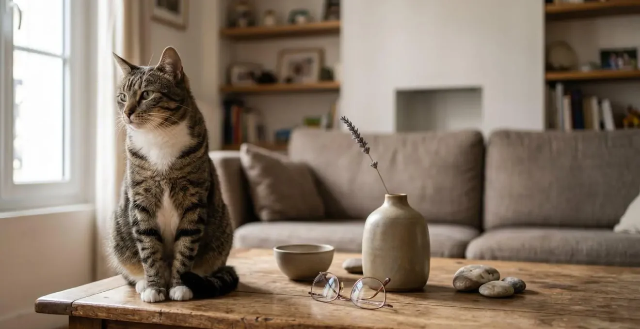Chat domestique dans un interieur moderne illustrant le theme de la responsabilite civile et de l'assurance habitation