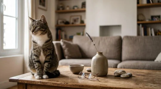 Chat domestique dans un interieur moderne illustrant le theme de la responsabilite civile et de l'assurance habitation