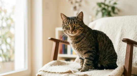 Chat européen au pelage naturel photographié dans un environnement lumineux et épuré