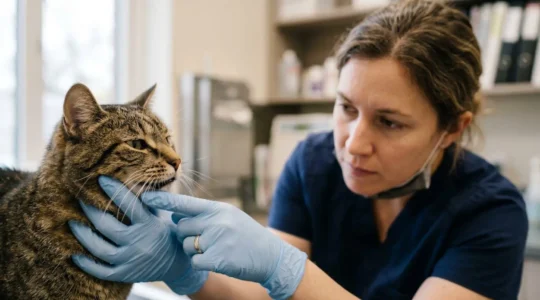 Chat tigré lors d'un examen dentaire approfondi chez le vétérinaire, illustrant l'importance des soins bucco-dentaires préventifs
