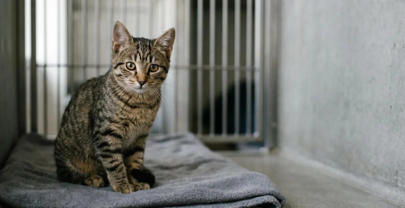 Un chat solitaire derrière des barreaux, illustrant la vulnérabilité des animaux non identifiés en fourrière