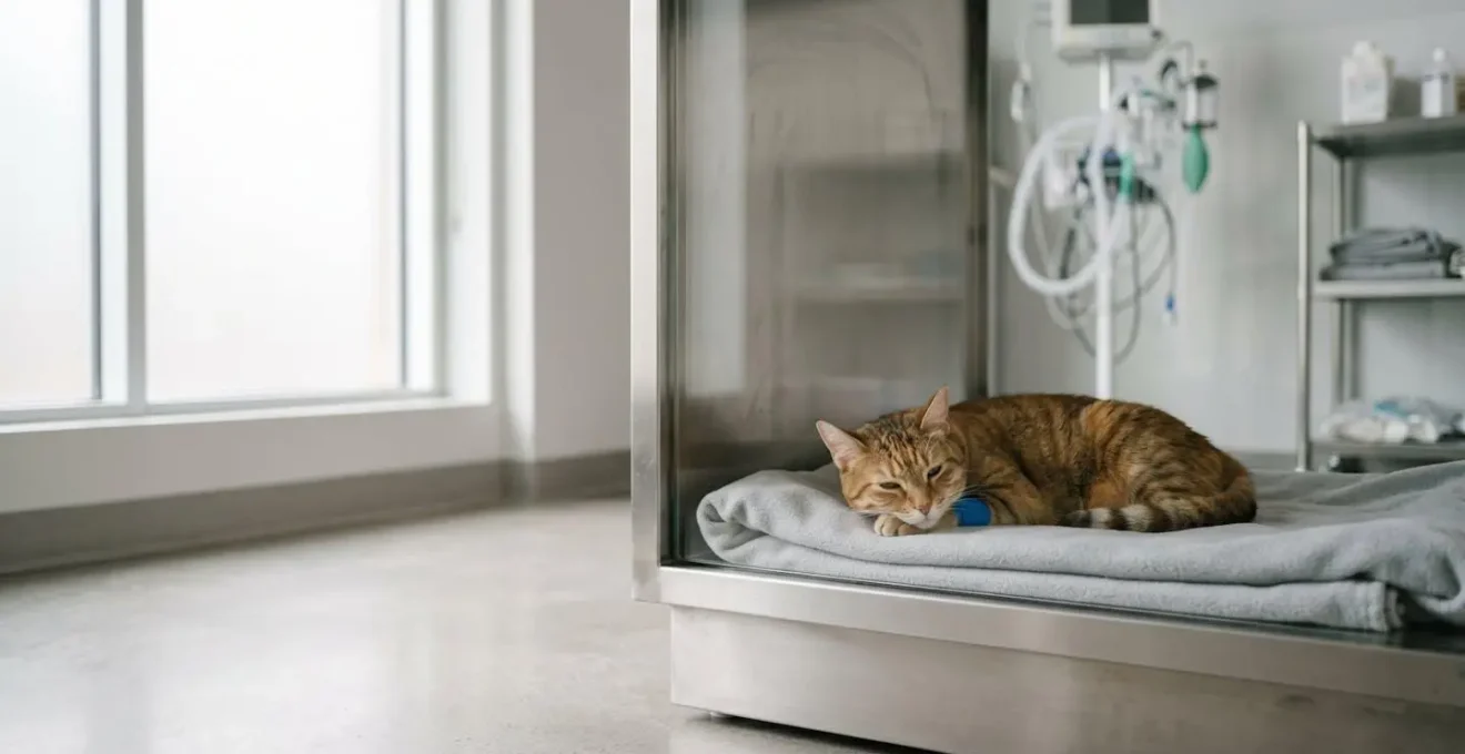 Chat anxieux en convalescence dans un environnement vétérinaire apaisant