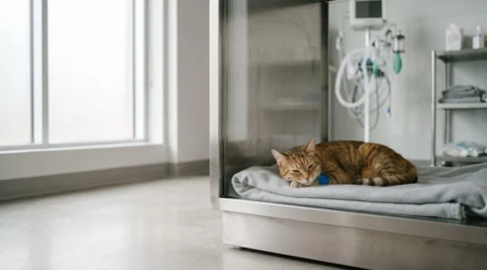 Chat anxieux en convalescence dans un environnement vétérinaire apaisant