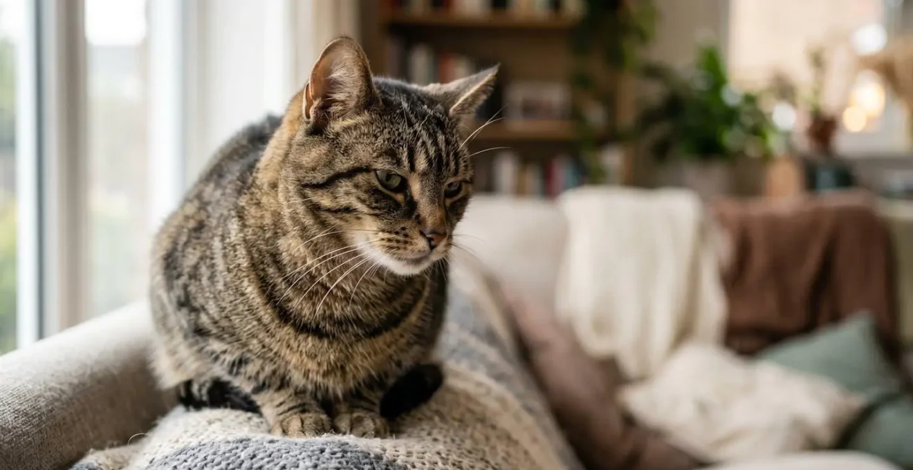 Chat tigré observé de près dans une posture subtile révélant une possible détresse silencieuse