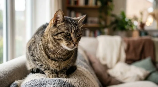 Chat tigré observé de près dans une posture subtile révélant une possible détresse silencieuse