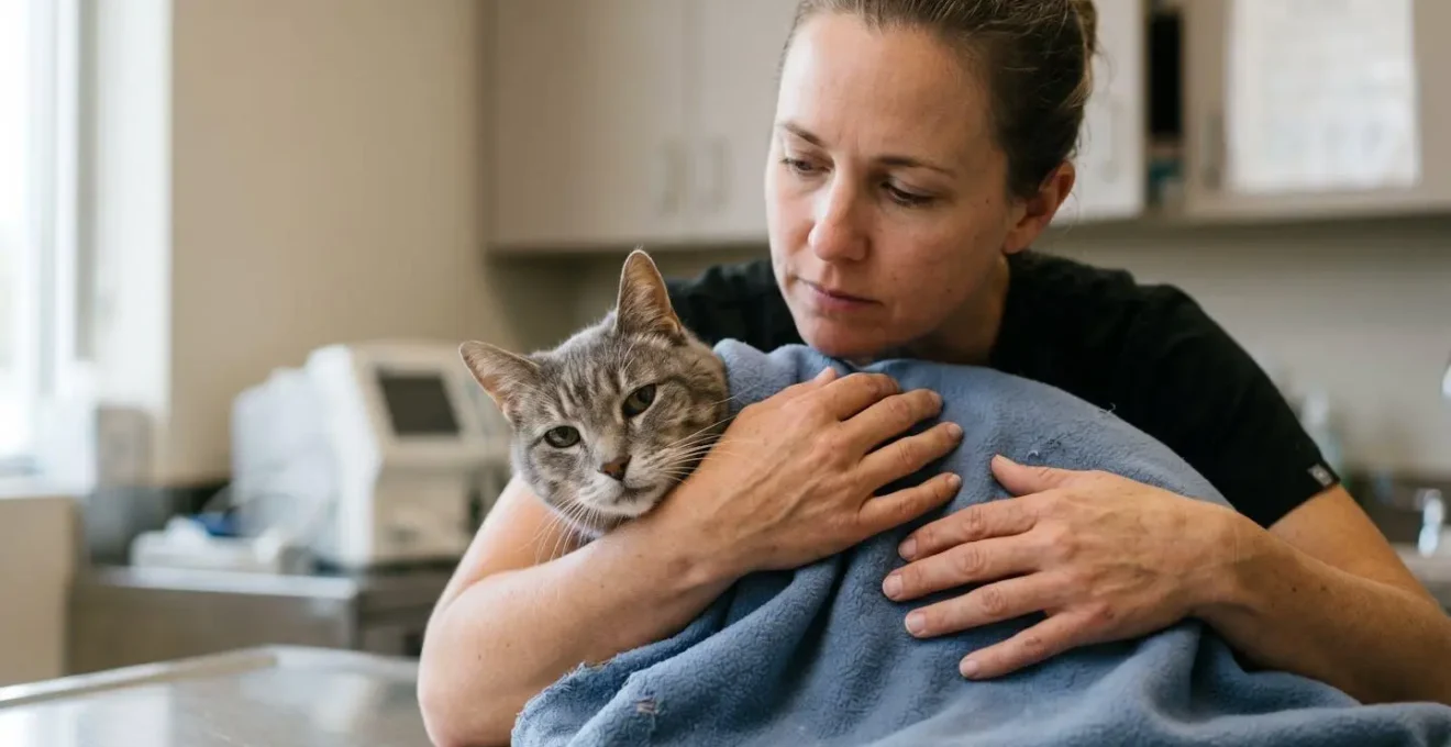 Propriétaire inquiet tenant son chat malade, consultation vétérinaire