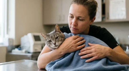 Propriétaire inquiet tenant son chat malade, consultation vétérinaire