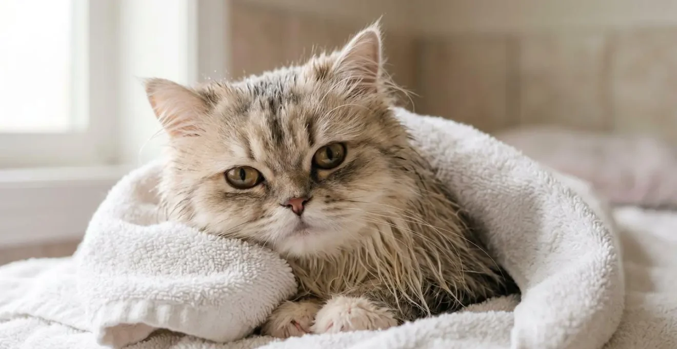 Chat à poil long allongé sur une serviette douce après un lavage délicat, pelage humide mais brillant préservant son film lipidique naturel
