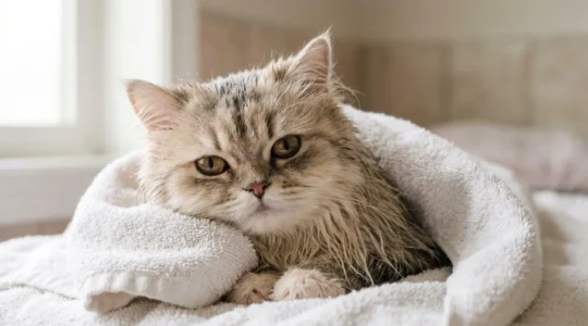 Chat à poil long allongé sur une serviette douce après un lavage délicat, pelage humide mais brillant préservant son film lipidique naturel