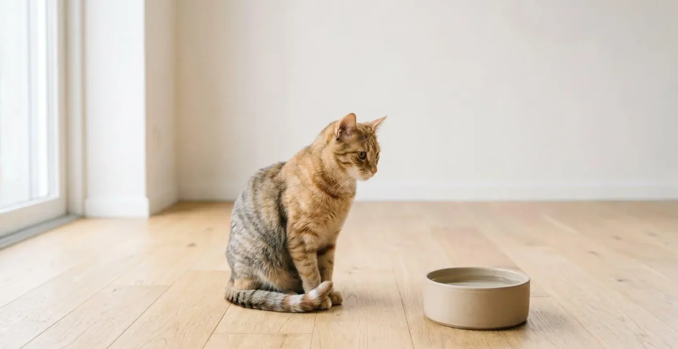 Un chat contemplant une gamelle d'eau dans un espace lumineux et épuré