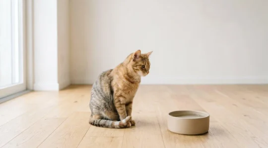 Un chat contemplant une gamelle d'eau dans un espace lumineux et épuré