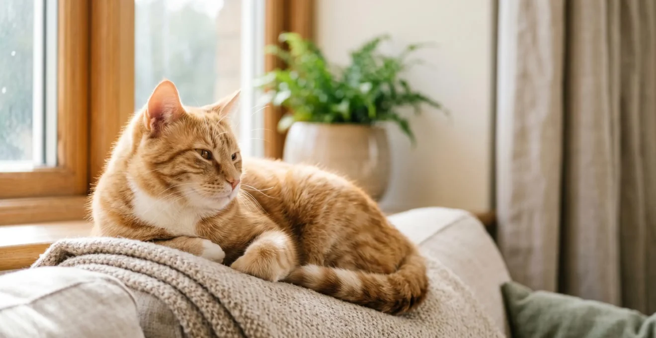 Un chat serein observant son environnement familial sécurisé et protégé des parasites