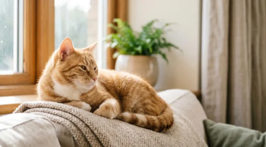 Un chat serein observant son environnement familial sécurisé et protégé des parasites