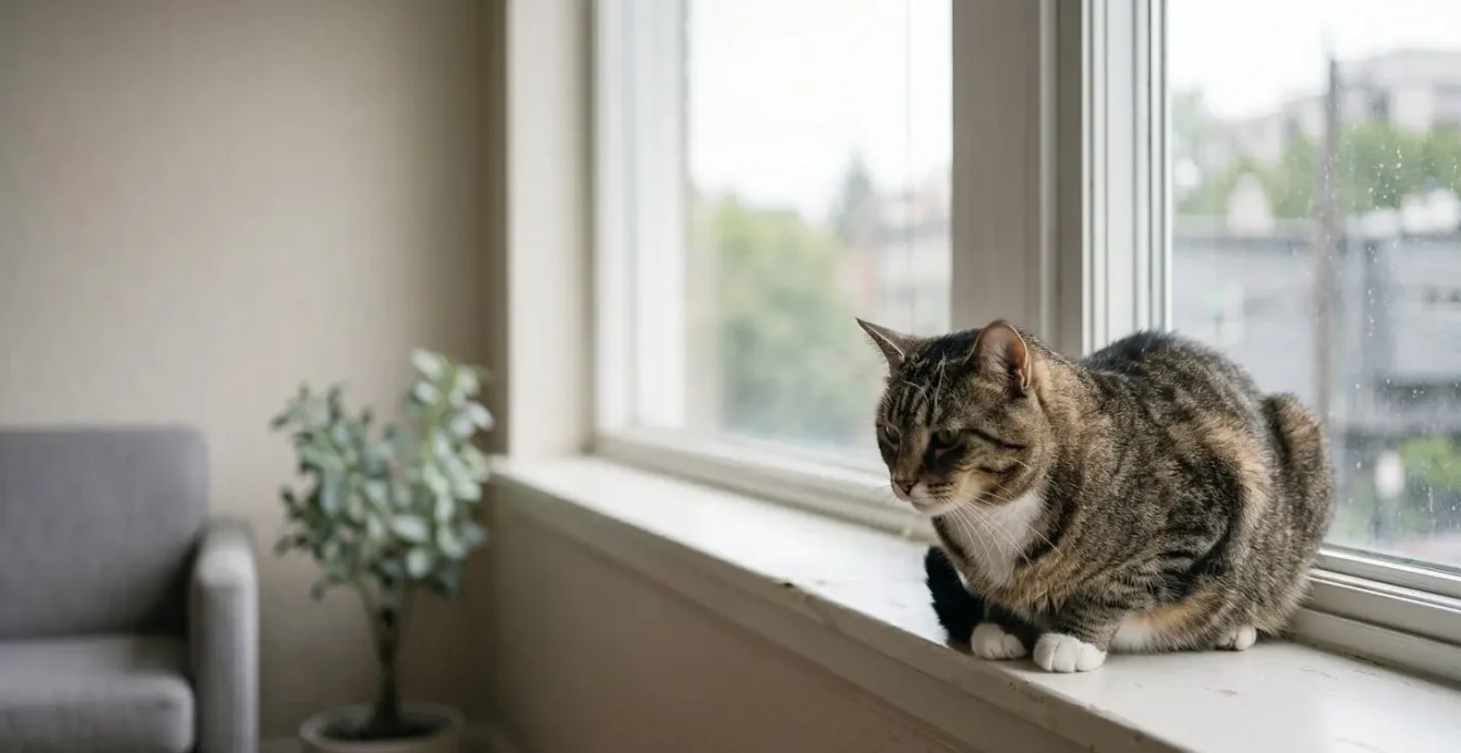 Chat en surpoids posé sur un rebord de fenêtre d'intérieur, atmosphère douce et réaliste