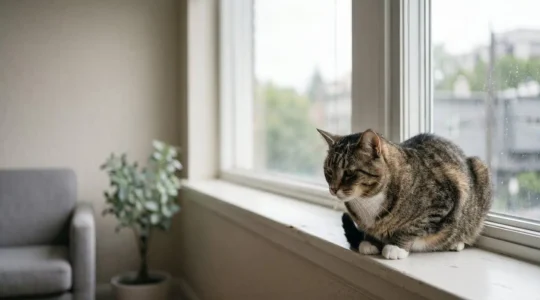 Chat en surpoids posé sur un rebord de fenêtre d'intérieur, atmosphère douce et réaliste