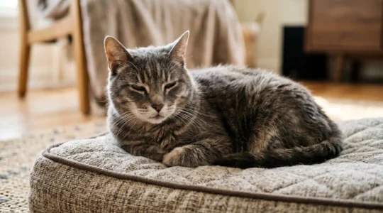 Chat âgé aux poils gris reposant paisiblement sur un coussin orthopédique moelleux dans un environnement domestique chaleureux