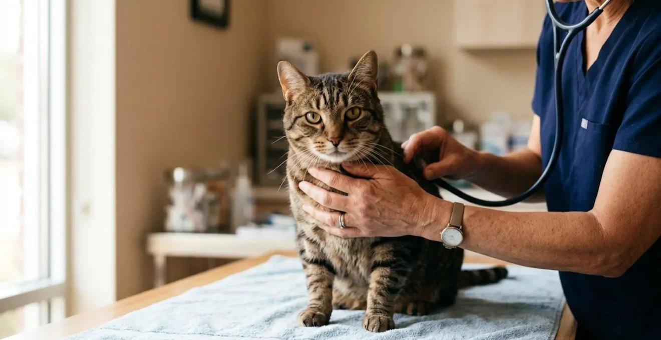 Chat adulte paisible recevant des soins vétérinaires de qualité, symbolisant la protection santé renforcée