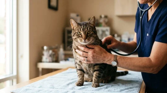 Chat adulte paisible recevant des soins vétérinaires de qualité, symbolisant la protection santé renforcée