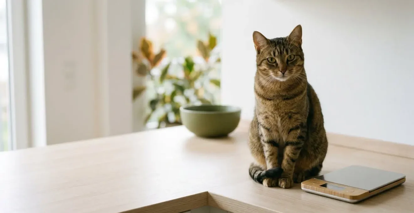 Chat européen au pelage brillant sur une balance de cuisine, éclairage naturel et composition minimaliste