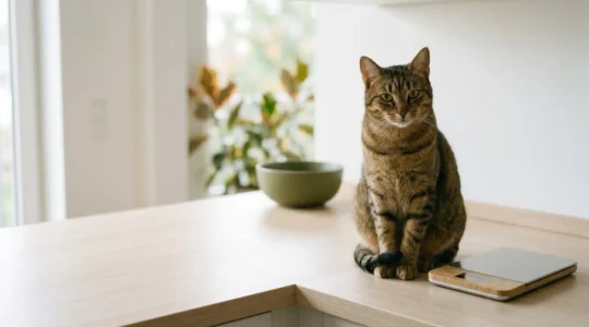 Chat européen au pelage brillant sur une balance de cuisine, éclairage naturel et composition minimaliste