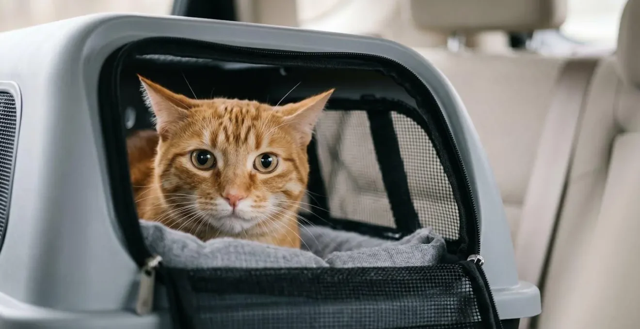 Chat anxieux dans une caisse de transport sécurisée lors d'un trajet vers le vétérinaire