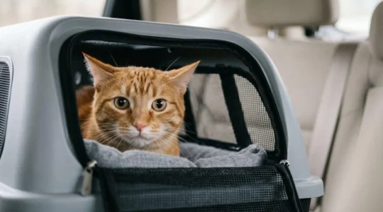 Chat anxieux dans une caisse de transport sécurisée lors d'un trajet vers le vétérinaire