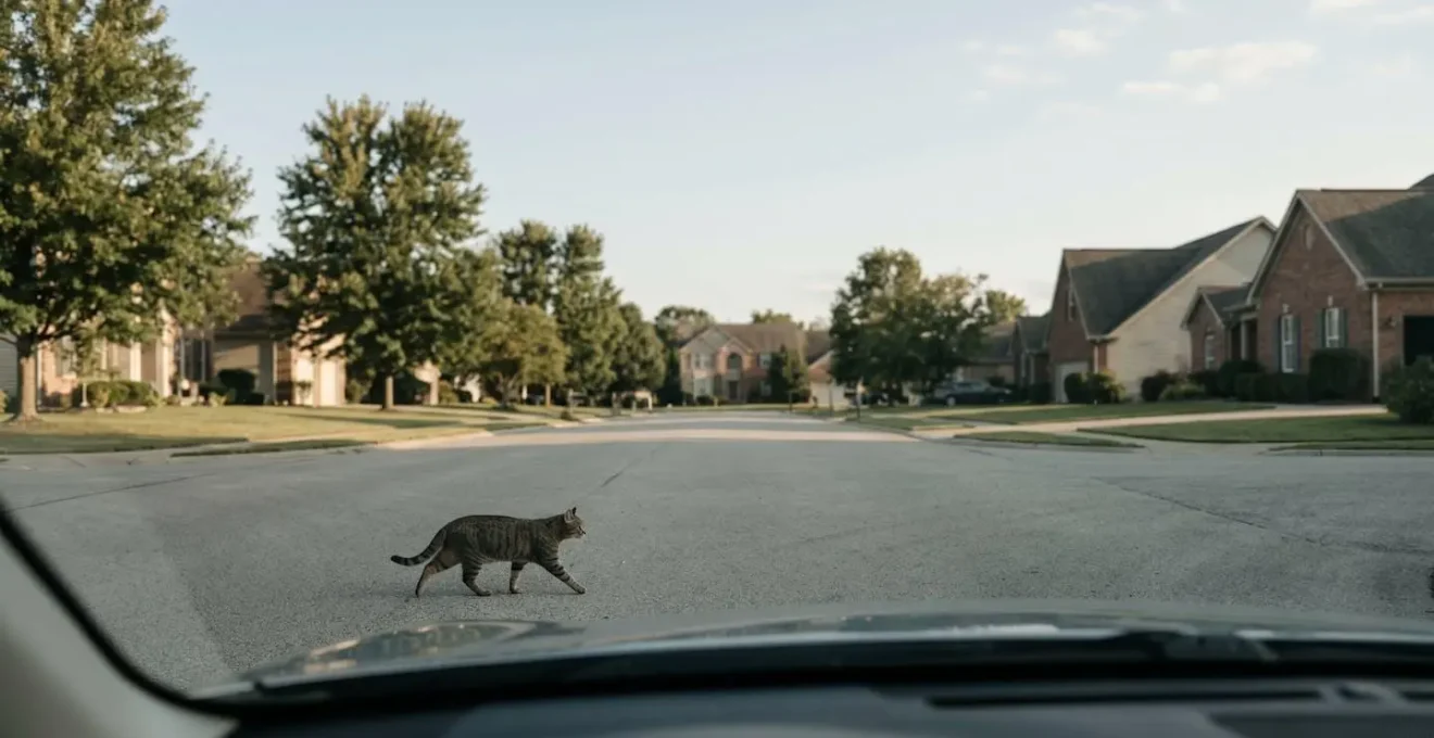 Chat tigré traversant soudainement une route devant un véhicule en mouvement illustrant un scénario d'accident de la circulation