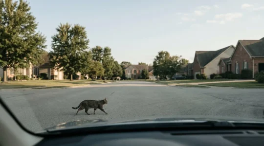 Chat tigré traversant soudainement une route devant un véhicule en mouvement illustrant un scénario d'accident de la circulation