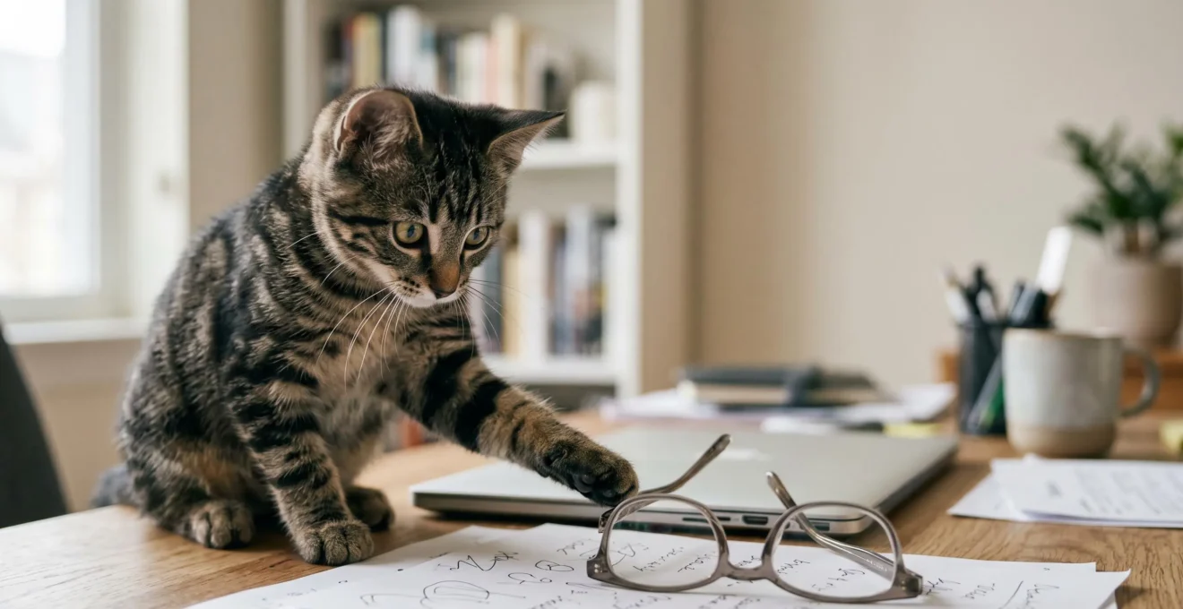 Jeune chaton tigré jouant avec des lunettes de vue cassées sur un bureau moderne