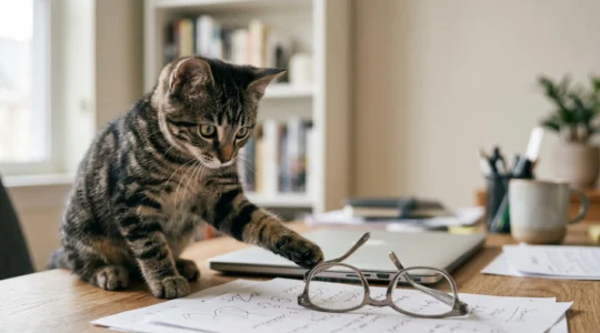 Jeune chaton tigré jouant avec des lunettes de vue cassées sur un bureau moderne