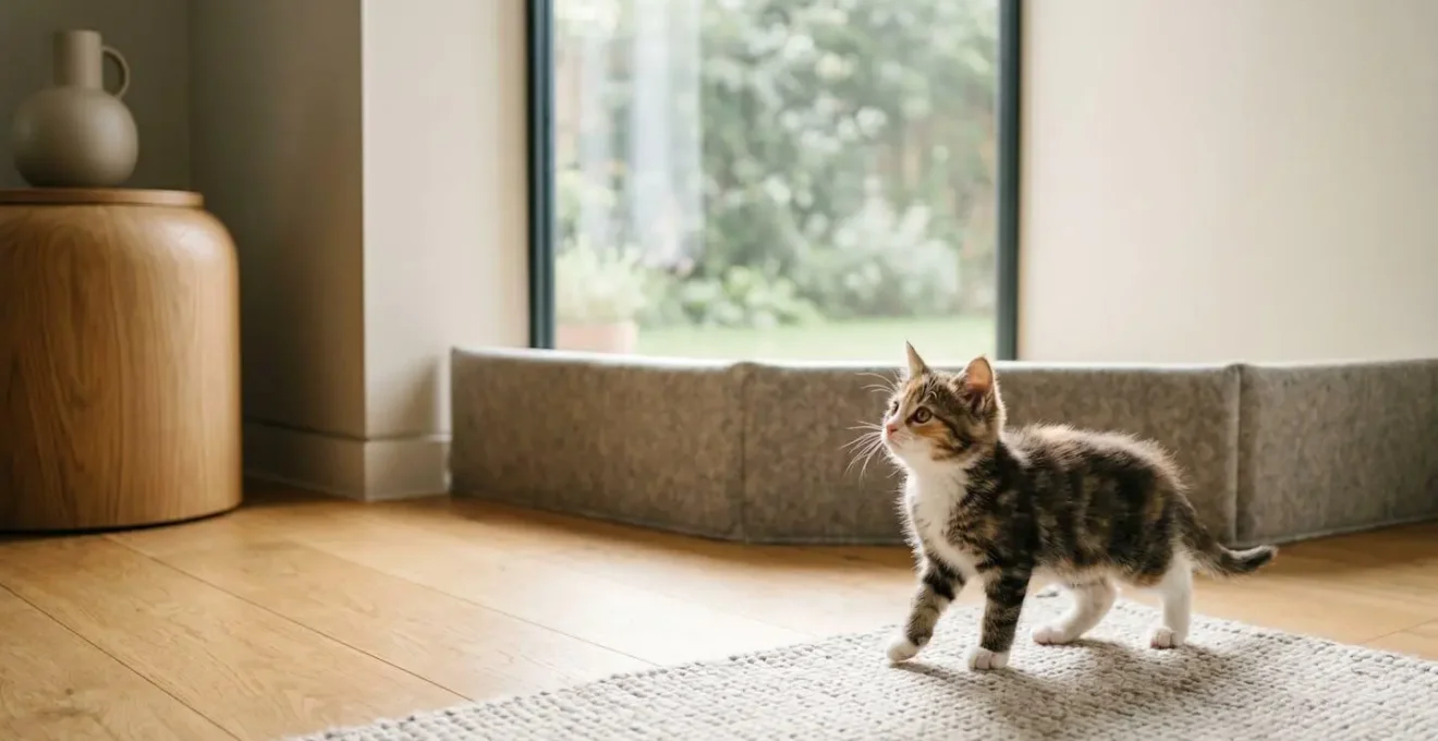 Jeune chaton curieux explorant un espace domestique sécurisé avec équipements de protection