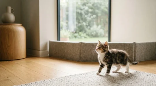 Jeune chaton curieux explorant un espace domestique sécurisé avec équipements de protection