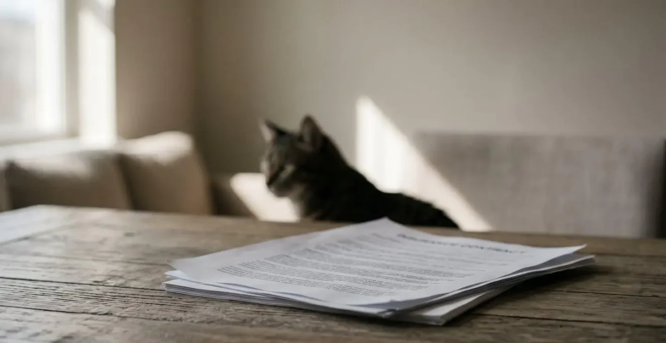 Document contractuel d'assurance pour animaux posé sur une surface avec un chat en arrière-plan flou