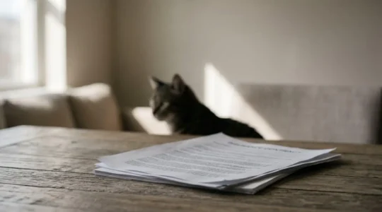 Document contractuel d'assurance pour animaux posé sur une surface avec un chat en arrière-plan flou
