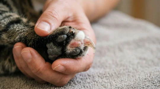 Gros plan sur les pattes d'un chat pendant une séance de soin des griffes dans un environnement calme et professionnel